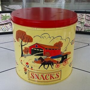 Vintage Snacks Tin Antique Country Home Decor Yellow Red